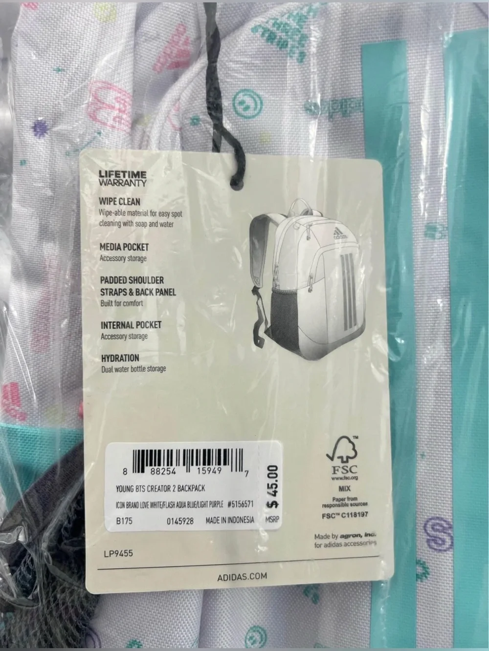 adidas Backpack - Brand New Aqua / Light Purple / White